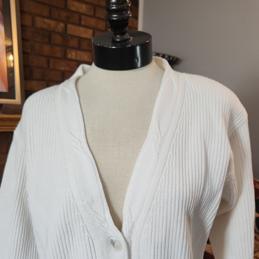 Id Sport Brand White 100% Cotton Cardigan Ribbed Sweater Size Large Shoulder Pad